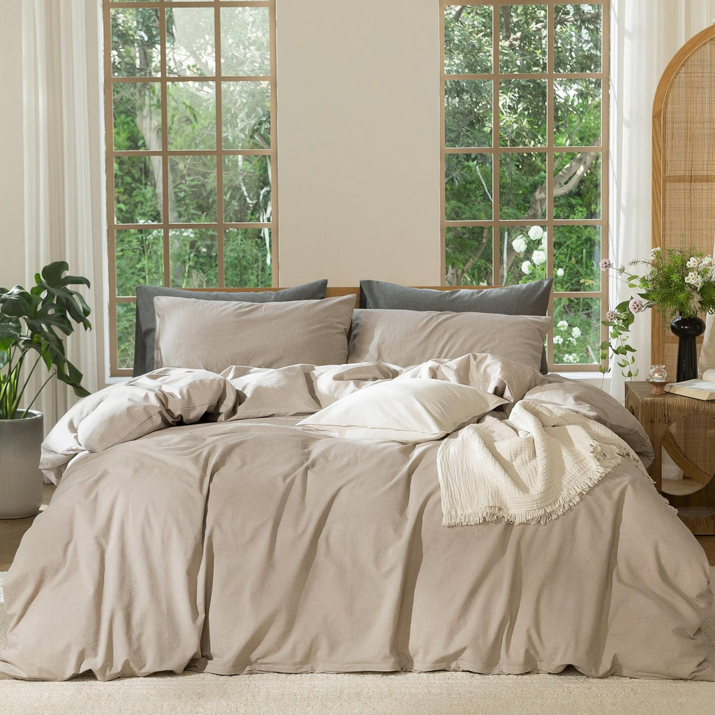 MooMee Bedding Duvet Cover Set 100% Washed Cotton Linen Like Textured Breathable Durable Soft Comfy (Heathered Tannish Linen Grey, Queen 90"x90")