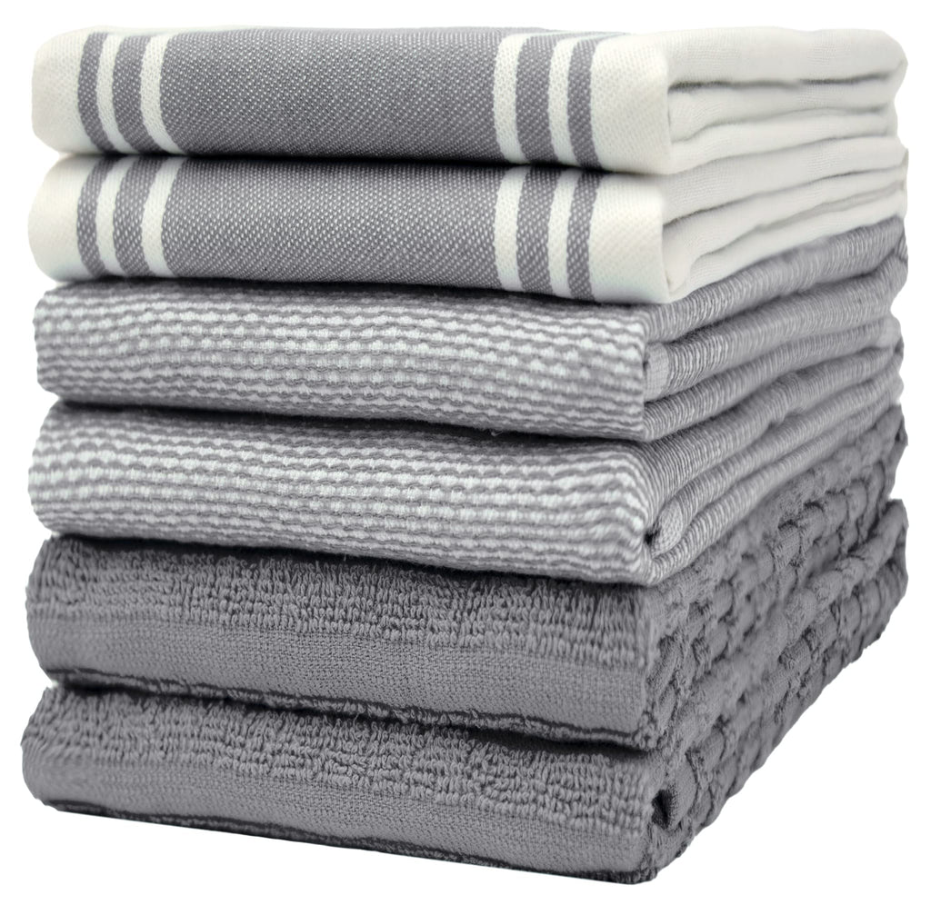 Premium Kitchen Towels (20”x 28”, 6 Pack) | Large Cotton Dish Towels | Flat & Terry Highly Absorbent Kitchen Linen Set with Hanging Loop | Gray