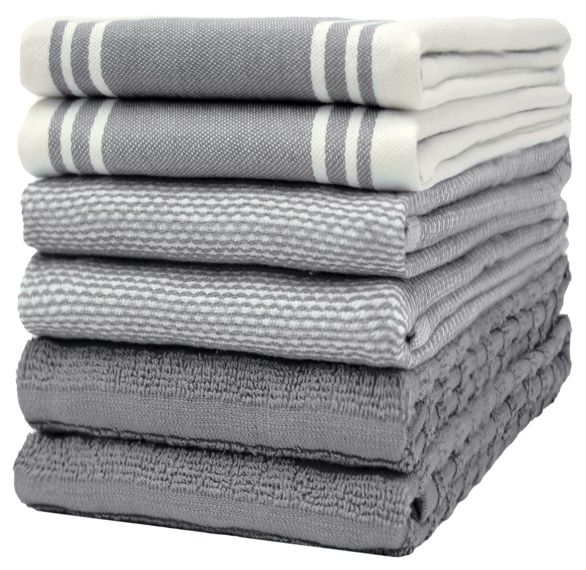 Premium Kitchen Towels (20”x 28”, 6 Pack) | Large Cotton Dish Towels | Flat & Terry Highly Absorbent Kitchen Linen Set with Hanging Loop | Gray