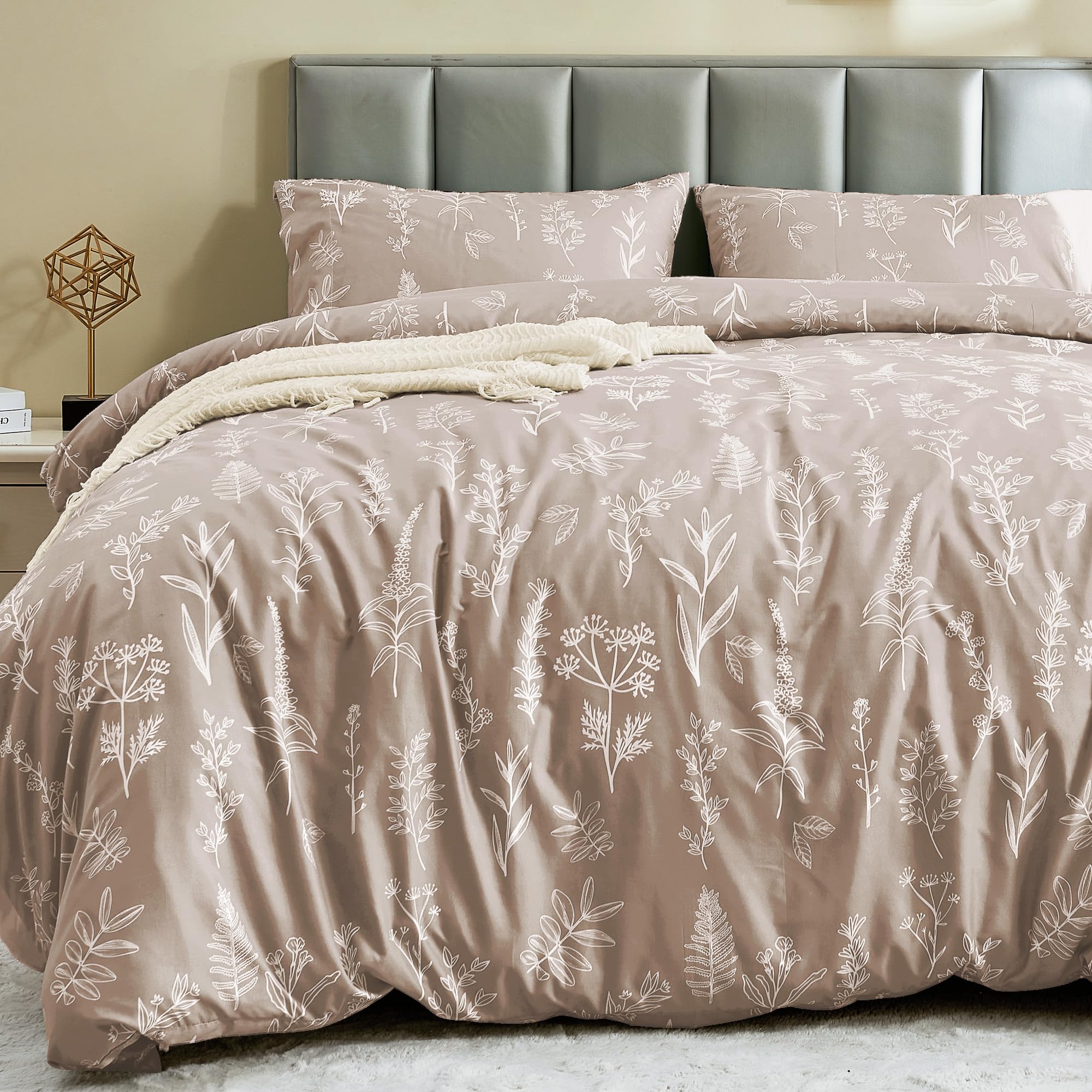 MUXHOMO Duvet Cover Queen Size, Reversible Floral Green Duvet Cover Set with Zipper Closure, 3 Pieces Botanical Patterns Soft Microfiber Bedding Set with 4 Ties (90"x90", 2 Pillow Cases)