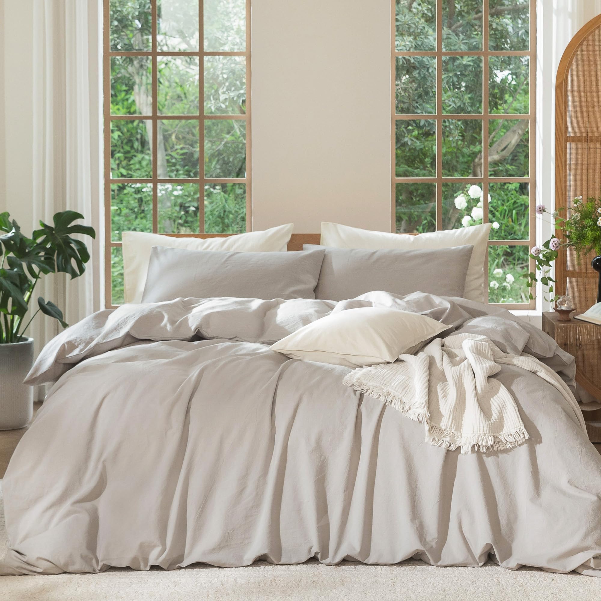 MooMee Bedding Duvet Cover Set 100% Washed Cotton Linen Like Textured Breathable Durable Soft Comfy (Heathered Tannish Linen Grey, Queen 90"x90")