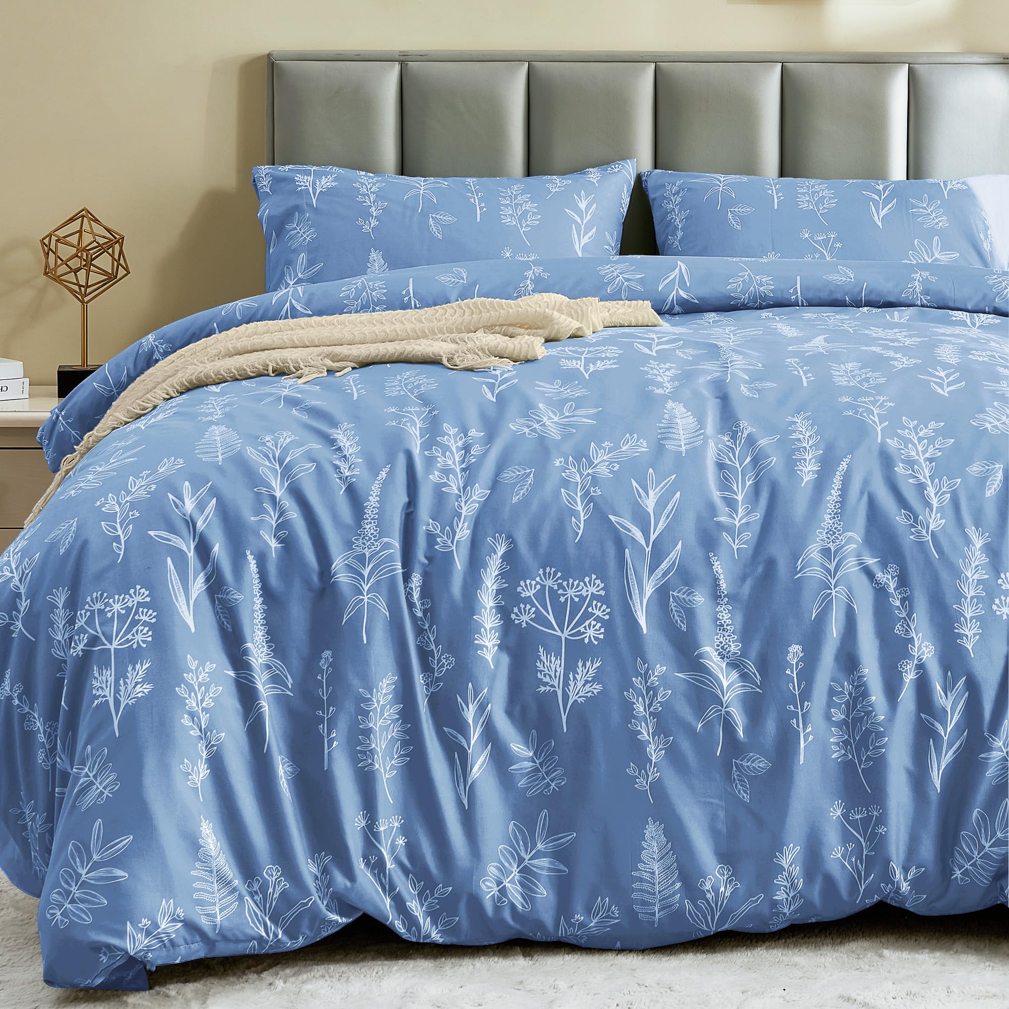 MUXHOMO Duvet Cover Queen Size, Reversible Floral Green Duvet Cover Set with Zipper Closure, 3 Pieces Botanical Patterns Soft Microfiber Bedding Set with 4 Ties (90"x90", 2 Pillow Cases)