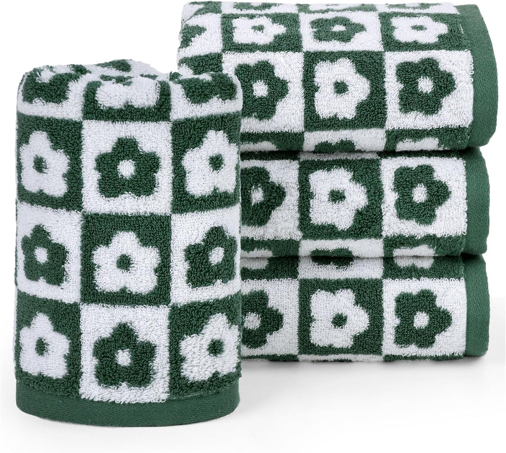 Jacquotha Cotton Hand Towels Green Checkered Floral - Quick Drying Hand Towel Set of 4, for Bathroom Kitchen Decor, 29” x 13”