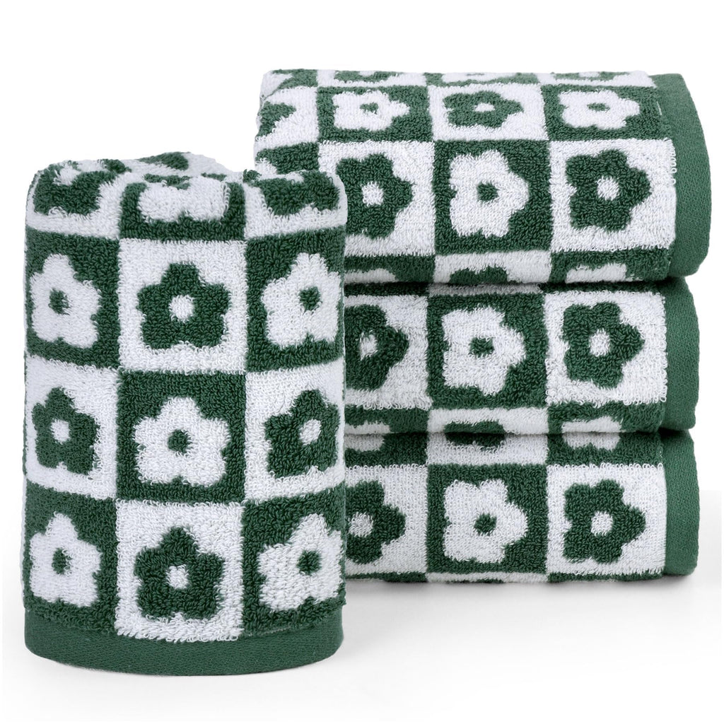 Jacquotha Cotton Hand Towels Green Checkered Floral - Quick Drying Hand Towel Set of 4, for Bathroom Kitchen Decor, 29” x 13”