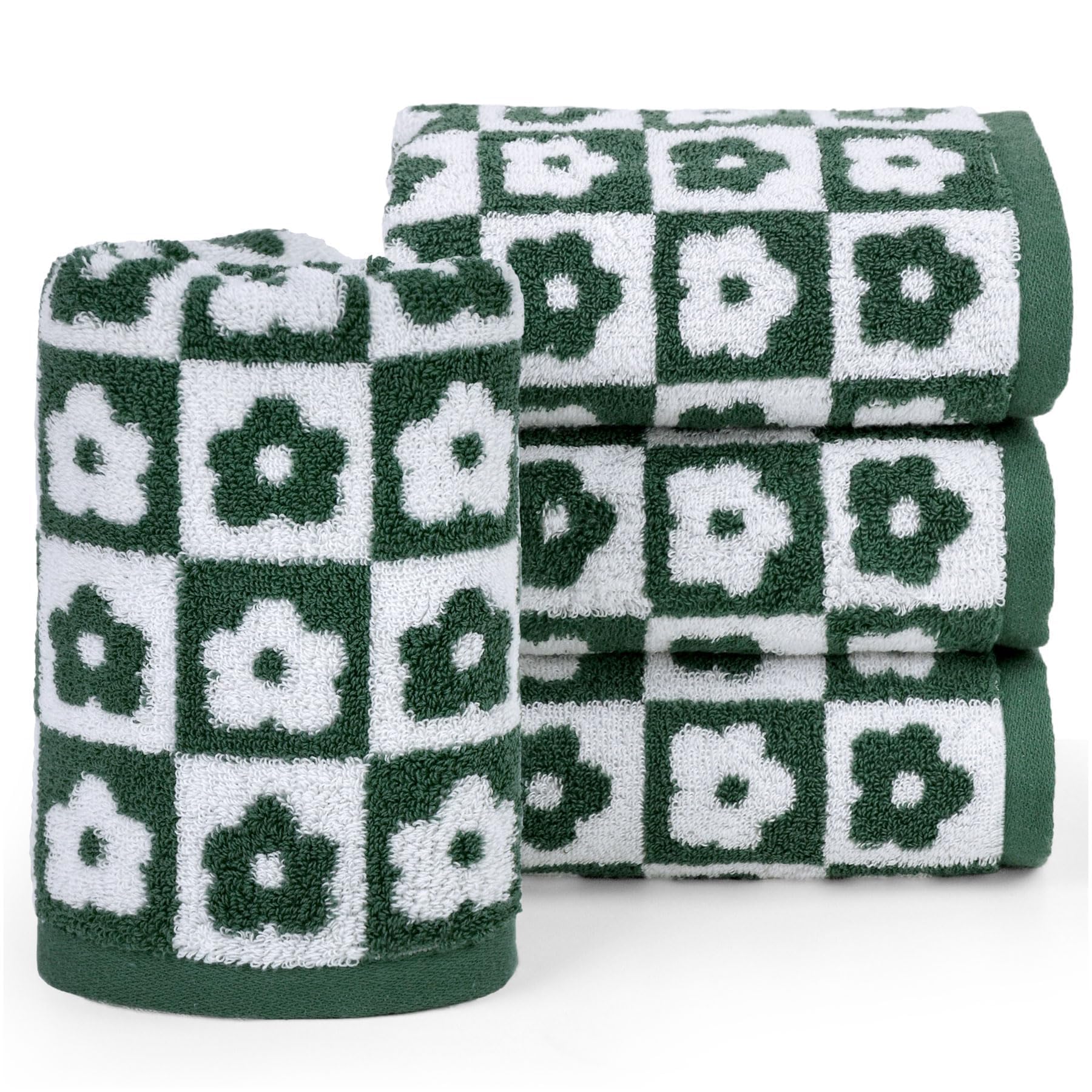 Jacquotha Cotton Hand Towels Green Checkered Floral - Quick Drying Hand Towel Set of 4, for Bathroom Kitchen Decor, 29” x 13”