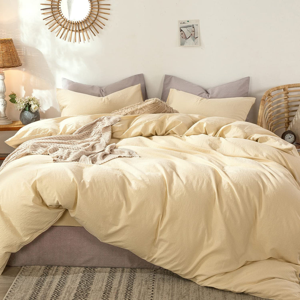 MooMee Bedding Duvet Cover Set 100% Washed Cotton Linen Like Textured Breathable Durable Soft Comfy (Heathered Tannish Linen Grey, Queen 90"x90")