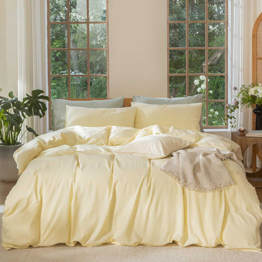 MooMee Bedding Duvet Cover Set 100% Washed Cotton Linen Like Textured Breathable Durable Soft Comfy (Heathered Tannish Linen Grey, Queen 90"x90")
