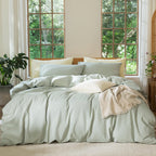 MooMee Bedding Duvet Cover Set 100% Washed Cotton Linen Like Textured Breathable Durable Soft Comfy (Heathered Tannish Linen Grey, Queen 90"x90")