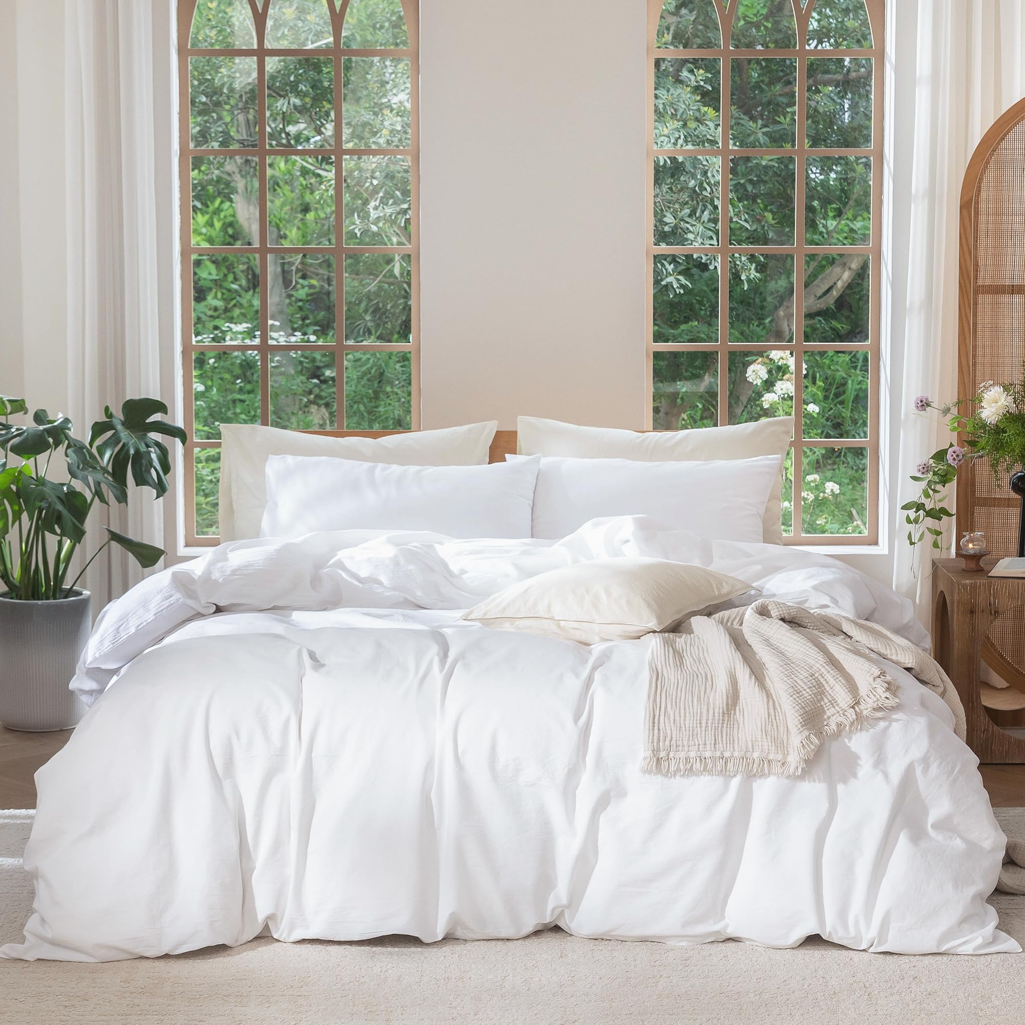 MooMee Bedding Duvet Cover Set 100% Washed Cotton Linen Like Textured Breathable Durable Soft Comfy (Heathered Tannish Linen Grey, Queen 90"x90")