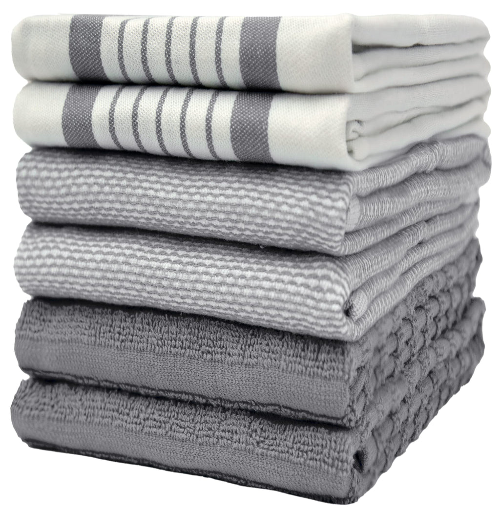 Premium Kitchen Towels (20”x 28”, 6 Pack) | Large Cotton Dish Towels | Flat & Terry Highly Absorbent Kitchen Linen Set with Hanging Loop | Gray