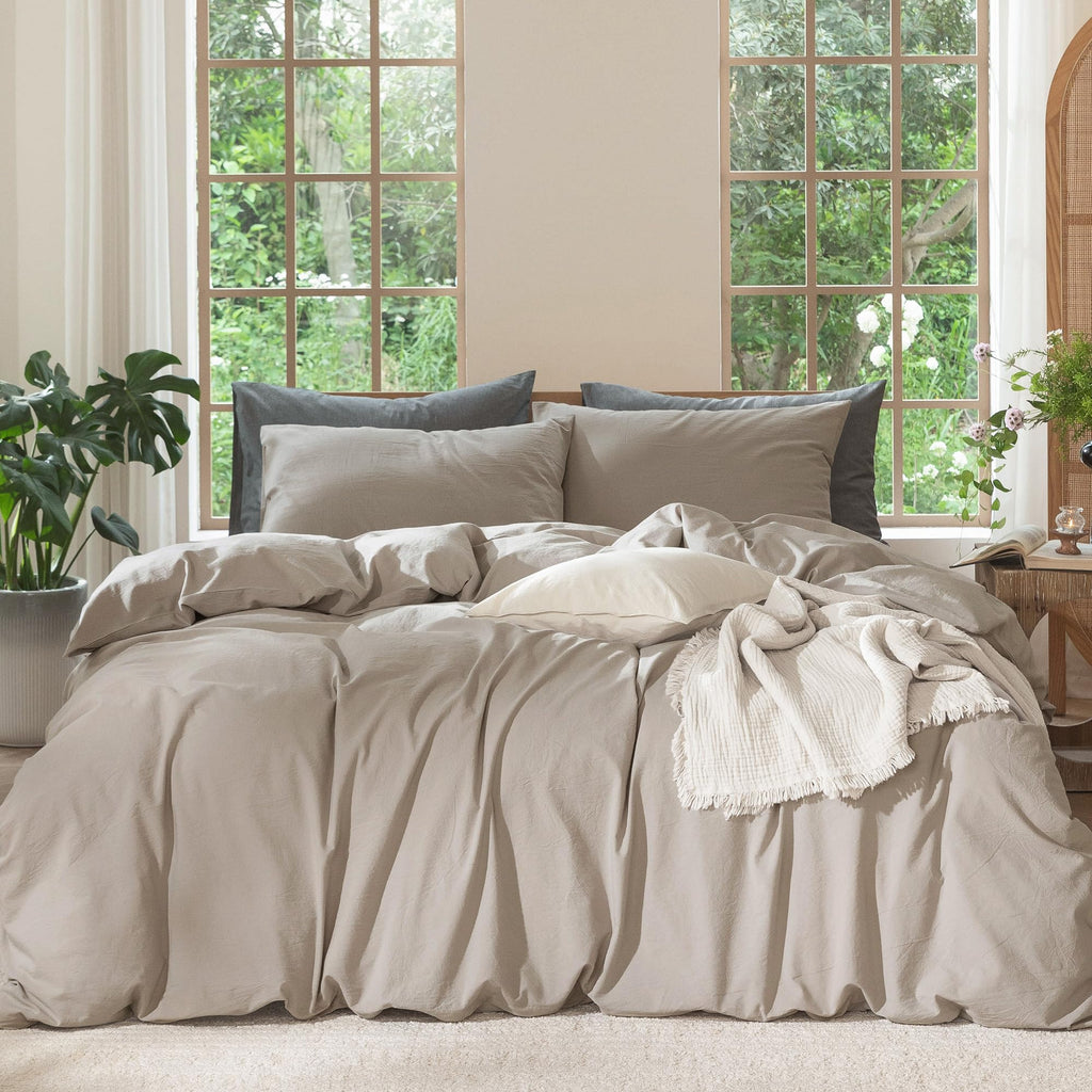 MooMee Bedding Duvet Cover Set 100% Washed Cotton Linen Like Textured Breathable Durable Soft Comfy (Heathered Tannish Linen Grey, Queen 90"x90")