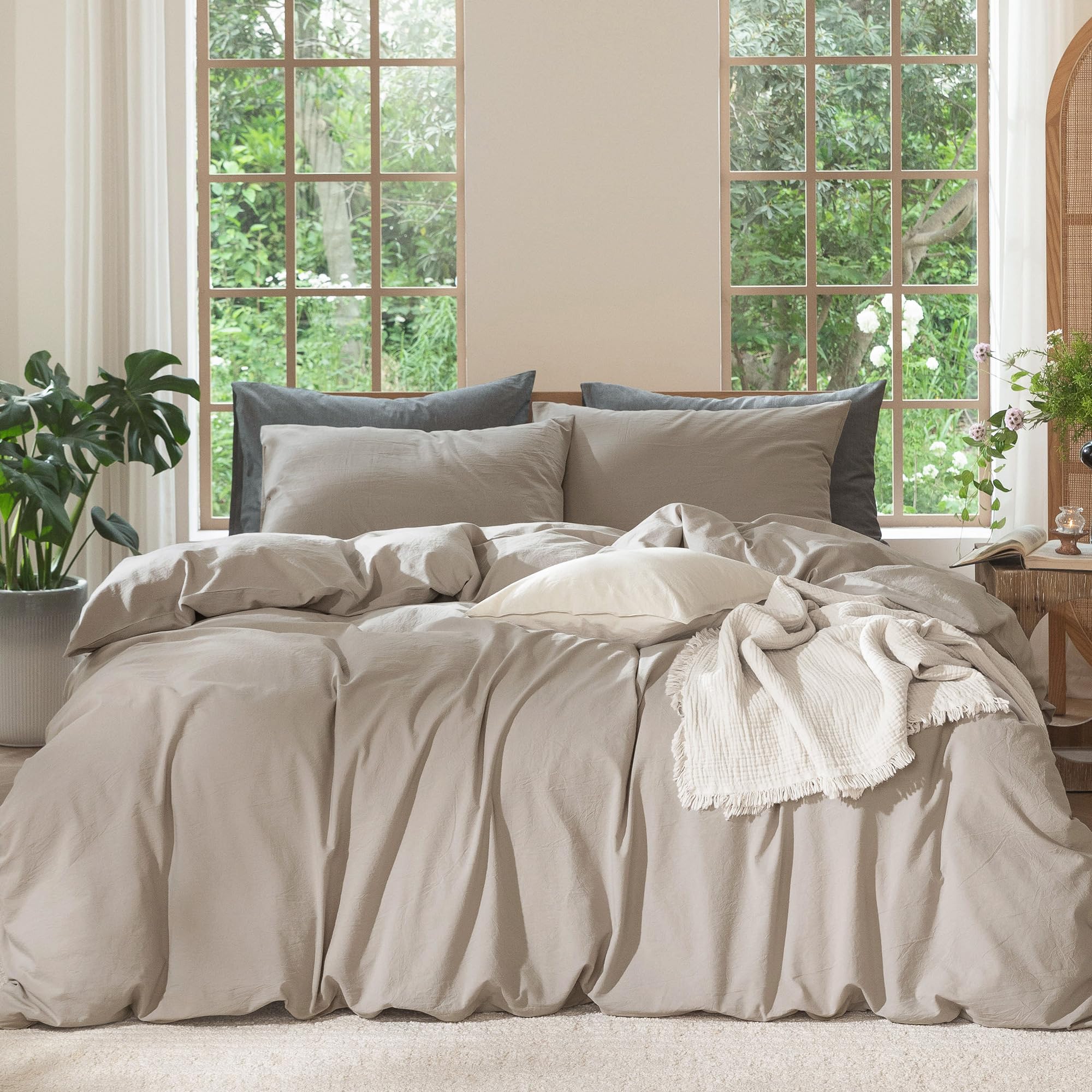 MooMee Bedding Duvet Cover Set 100% Washed Cotton Linen Like Textured Breathable Durable Soft Comfy (Heathered Tannish Linen Grey, Queen 90"x90")