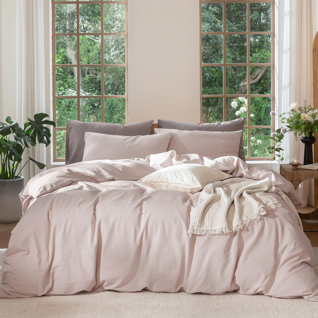 MooMee Bedding Duvet Cover Set 100% Washed Cotton Linen Like Textured Breathable Durable Soft Comfy (Heathered Tannish Linen Grey, Queen 90"x90")