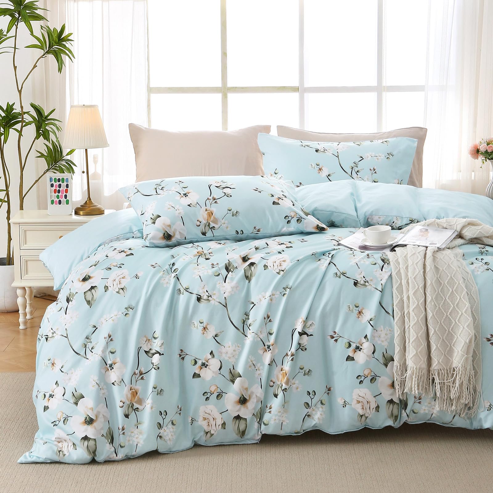 MUXHOMO Duvet Cover Queen Size, Reversible Floral Green Duvet Cover Set with Zipper Closure, 3 Pieces Botanical Patterns Soft Microfiber Bedding Set with 4 Ties (90"x90", 2 Pillow Cases)