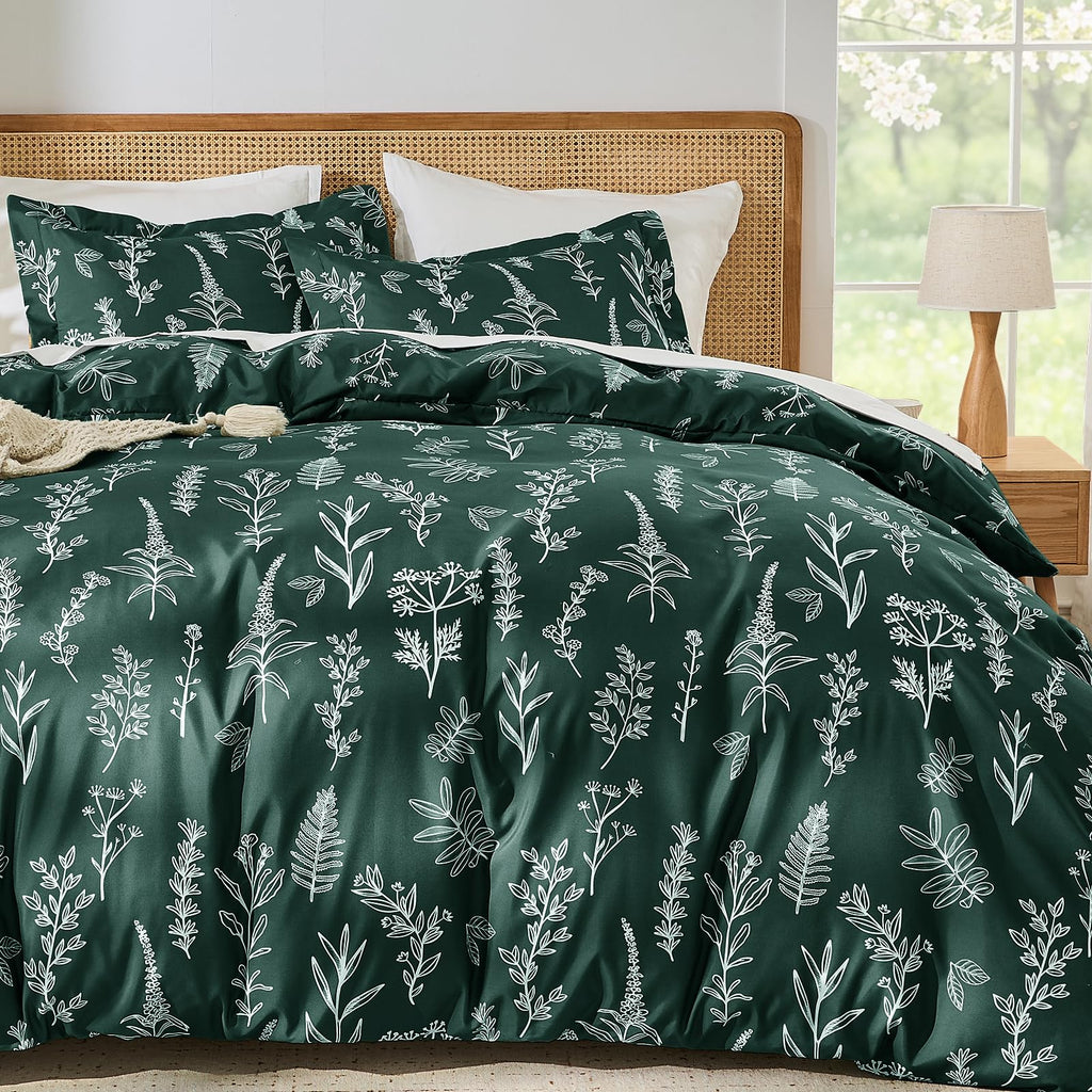 MUXHOMO Duvet Cover Queen Size, Reversible Floral Green Duvet Cover Set with Zipper Closure, 3 Pieces Botanical Patterns Soft Microfiber Bedding Set with 4 Ties (90"x90", 2 Pillow Cases)