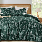 MUXHOMO Duvet Cover Queen Size, Reversible Floral Green Duvet Cover Set with Zipper Closure, 3 Pieces Botanical Patterns Soft Microfiber Bedding Set with 4 Ties (90"x90", 2 Pillow Cases)