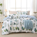 MUXHOMO Duvet Cover Queen Size, Reversible Floral Green Duvet Cover Set with Zipper Closure, 3 Pieces Botanical Patterns Soft Microfiber Bedding Set with 4 Ties (90"x90", 2 Pillow Cases)