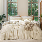 MooMee Bedding Duvet Cover Set 100% Washed Cotton Linen Like Textured Breathable Durable Soft Comfy (Heathered Tannish Linen Grey, Queen 90"x90")