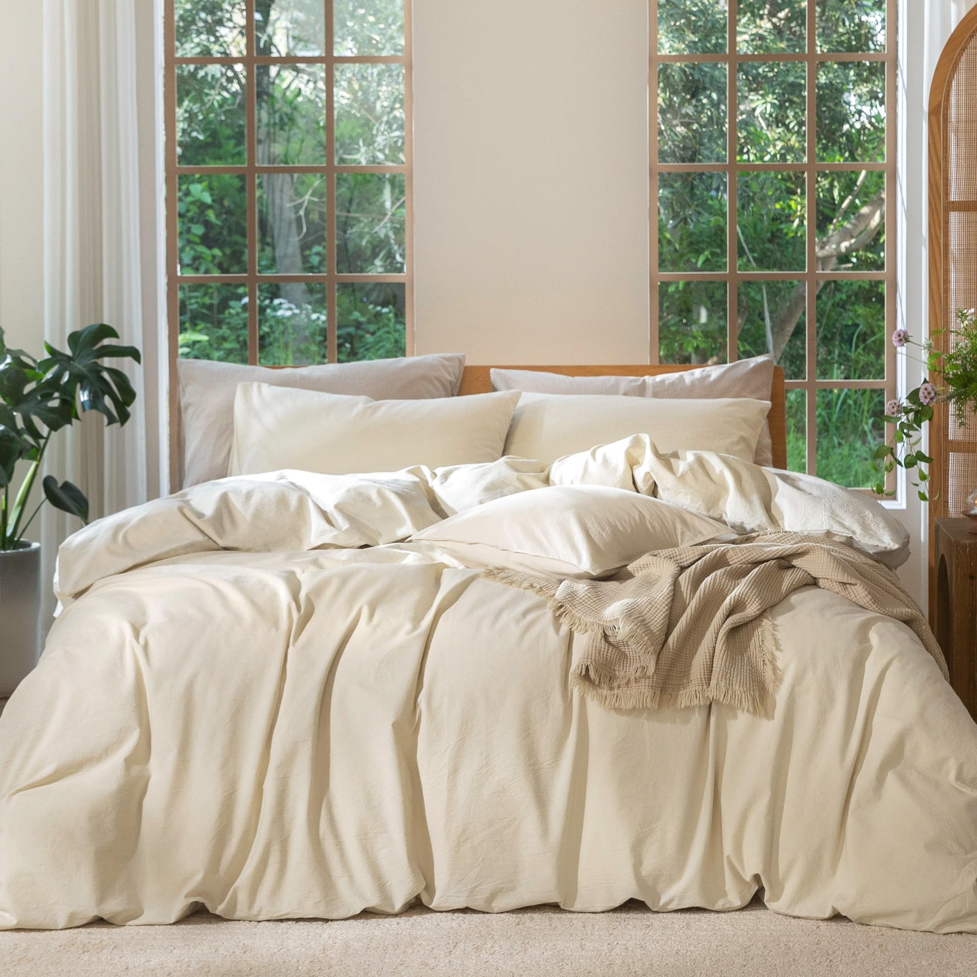 MooMee Bedding Duvet Cover Set 100% Washed Cotton Linen Like Textured Breathable Durable Soft Comfy (Heathered Tannish Linen Grey, Queen 90"x90")