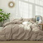 MooMee Bedding Duvet Cover Set 100% Washed Cotton Linen Like Textured Breathable Durable Soft Comfy (Heathered Tannish Linen Grey, Queen 90"x90")