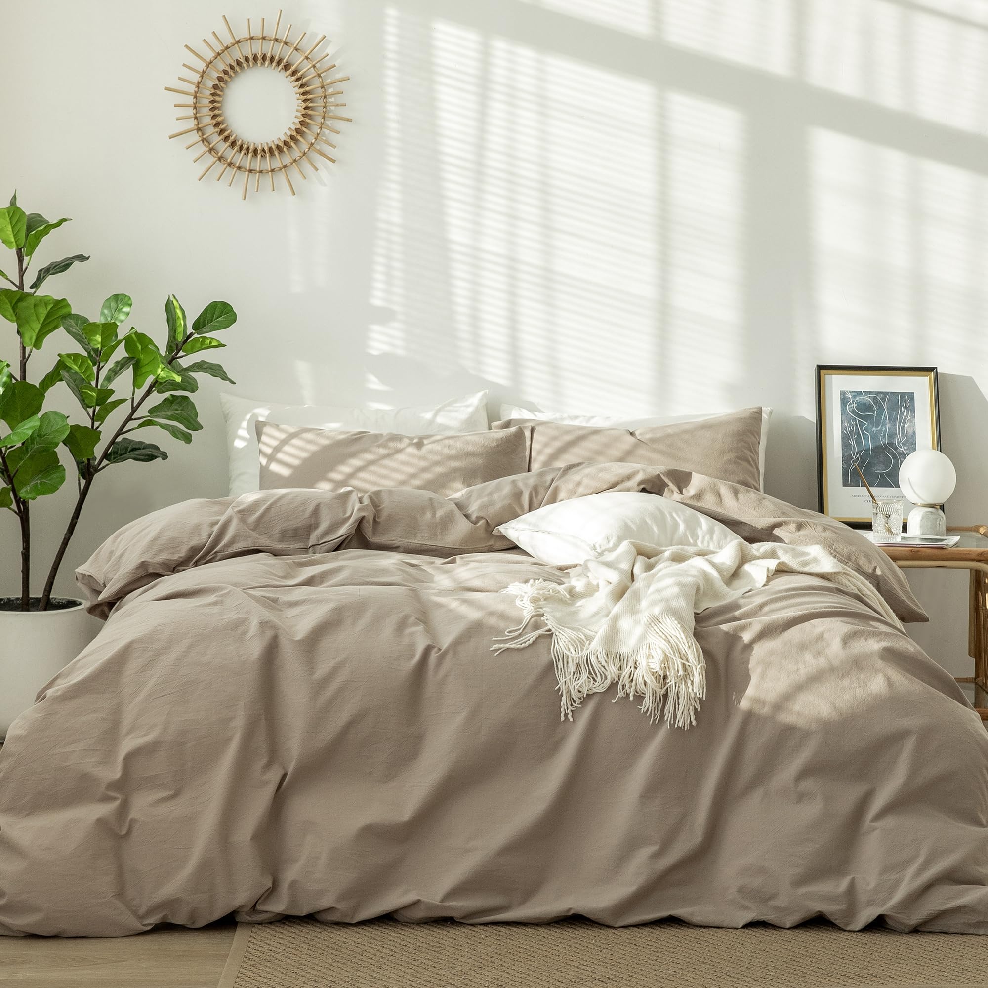 MooMee Bedding Duvet Cover Set 100% Washed Cotton Linen Like Textured Breathable Durable Soft Comfy (Heathered Tannish Linen Grey, Queen 90"x90")