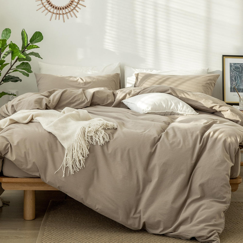 MooMee Bedding Duvet Cover Set 100% Washed Cotton Linen Like Textured Breathable Durable Soft Comfy (Heathered Tannish Linen Grey, Queen 90"x90")