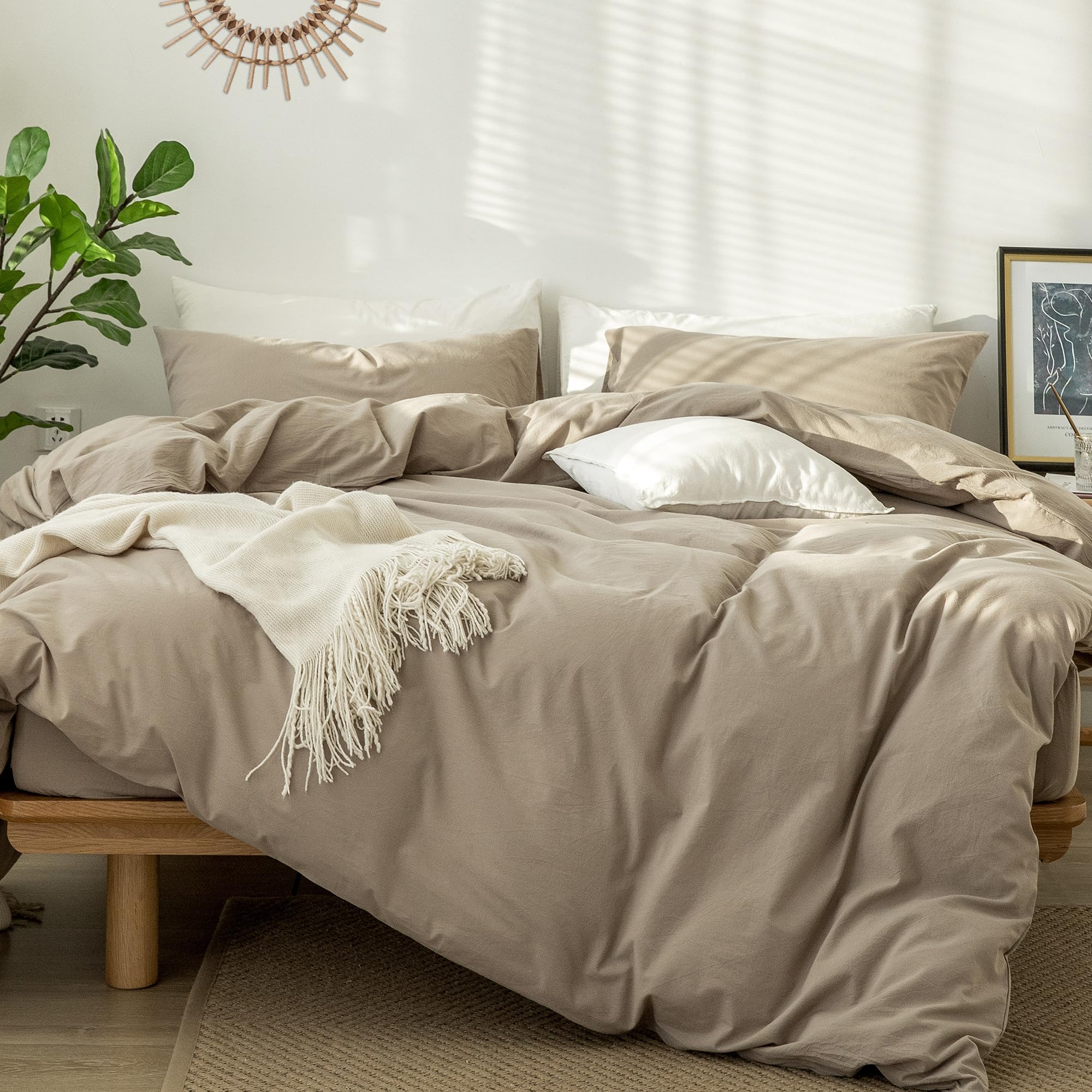 MooMee Bedding Duvet Cover Set 100% Washed Cotton Linen Like Textured Breathable Durable Soft Comfy (Heathered Tannish Linen Grey, Queen 90"x90")