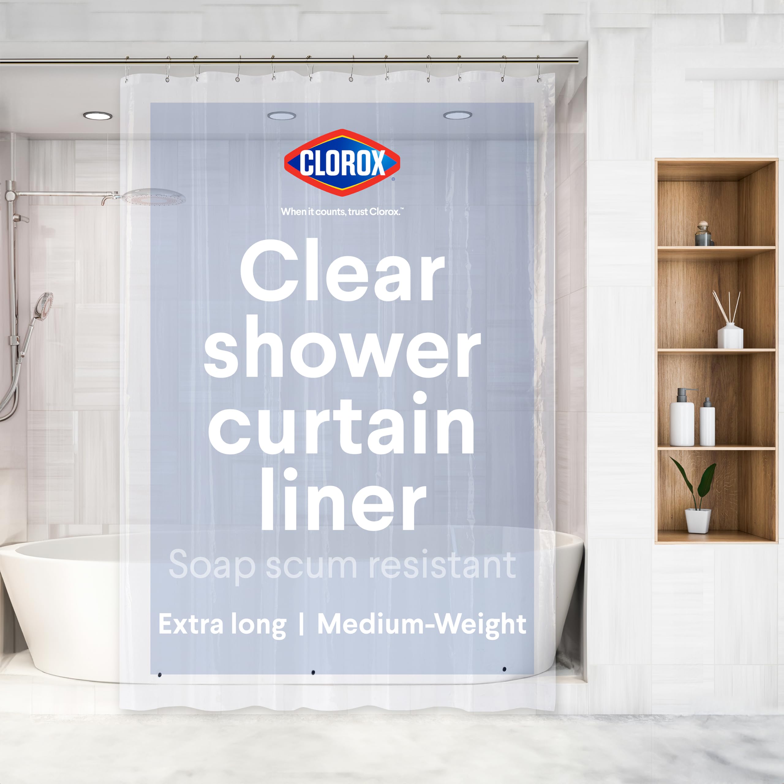 Clorox Shower Curtain Liner & Hooks, Premium Lightweight Flexible Waterproof 4g PEVA for Bathroom with Weighted Magnets, Standard Size 70" x 72", Frosty 1 Pack