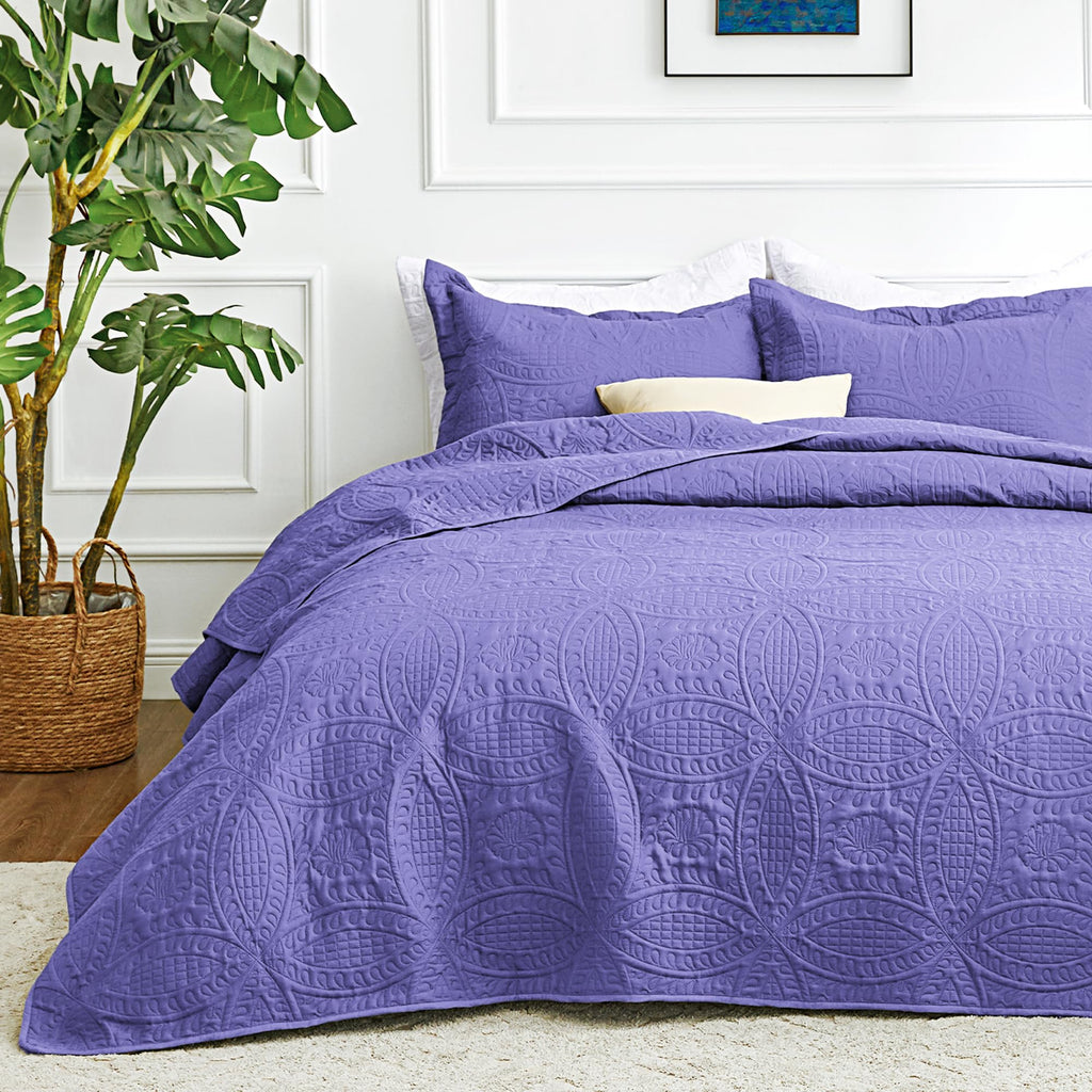 3 Piece Blue Queen Size Coin Pattern Lightweight All Season Quilt Bedspread Set with 2 Pillow Shams