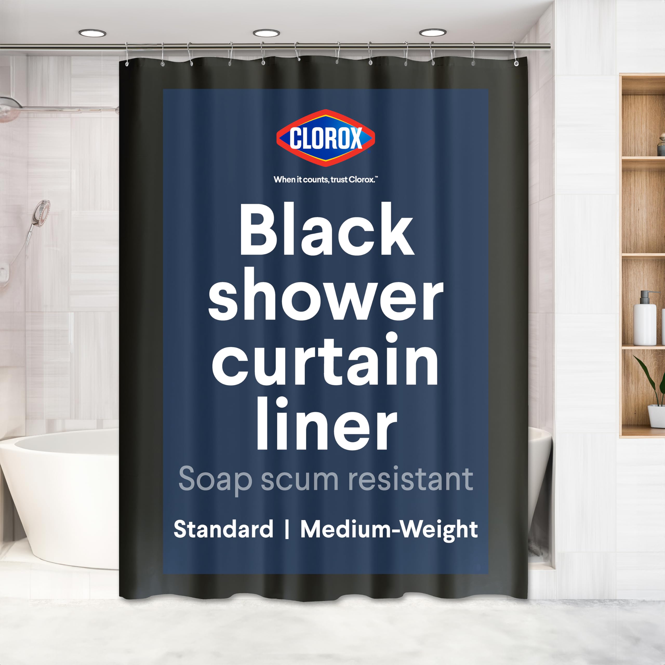 Clorox Shower Curtain Liner & Hooks, Premium Lightweight Flexible Waterproof 4g PEVA for Bathroom with Weighted Magnets, Standard Size 70" x 72", Frosty 1 Pack