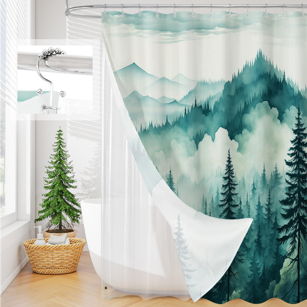 Litable Dark Green Forest Shower Curtain Set, 3 in 1 Fabric Shower Curtain with Waterproof Plastic Shower Curtain Liner & 12 Stainless Steel Metal Hooks, Misty Pine Nature Bathroom Curtain 72x72