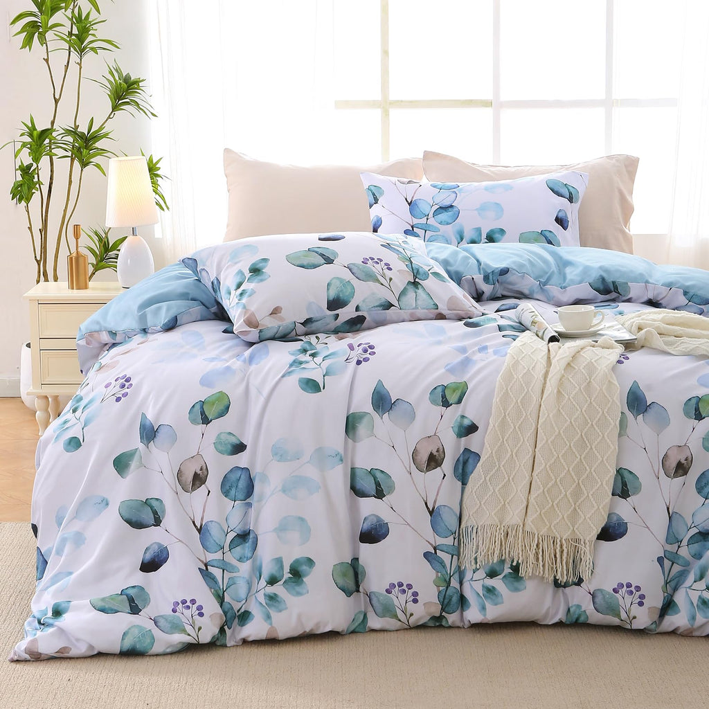 MUXHOMO Duvet Cover Queen Size, Reversible Floral Green Duvet Cover Set with Zipper Closure, 3 Pieces Botanical Patterns Soft Microfiber Bedding Set with 4 Ties (90"x90", 2 Pillow Cases)