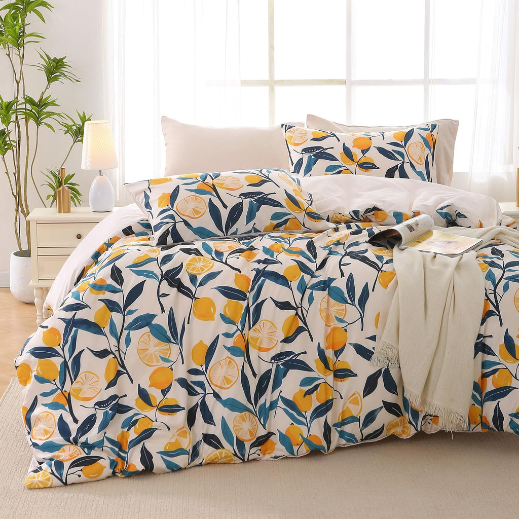 MUXHOMO Duvet Cover Queen Size, Reversible Floral Green Duvet Cover Set with Zipper Closure, 3 Pieces Botanical Patterns Soft Microfiber Bedding Set with 4 Ties (90"x90", 2 Pillow Cases)