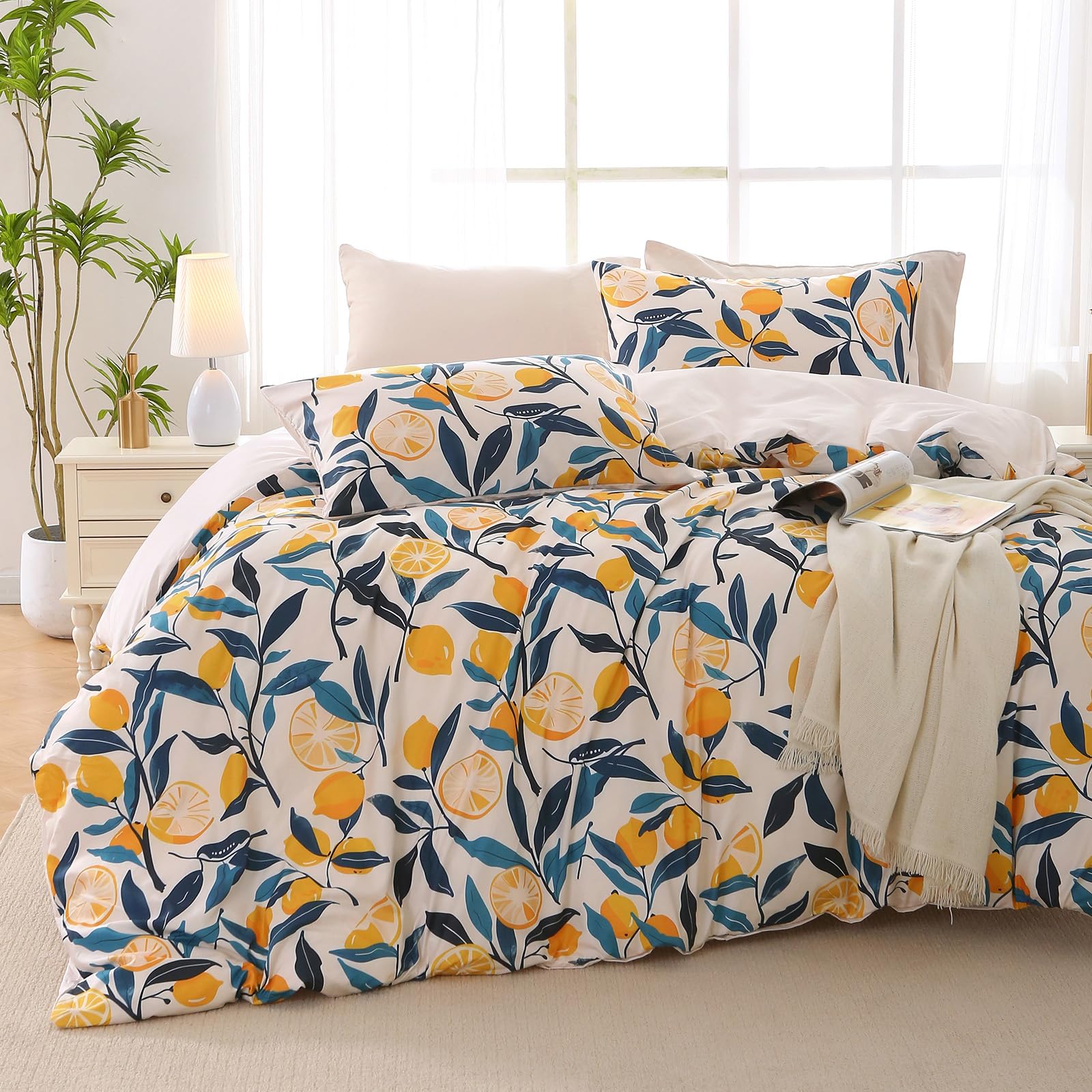 MUXHOMO Duvet Cover Queen Size, Reversible Floral Green Duvet Cover Set with Zipper Closure, 3 Pieces Botanical Patterns Soft Microfiber Bedding Set with 4 Ties (90"x90", 2 Pillow Cases)