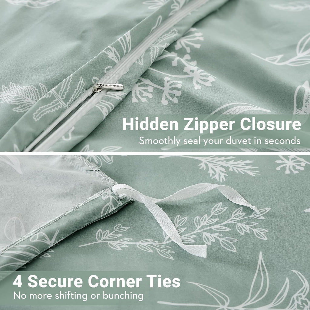 MUXHOMO Duvet Cover Queen Size, Reversible Floral Green Duvet Cover Set with Zipper Closure, 3 Pieces Botanical Patterns Soft Microfiber Bedding Set with 4 Ties (90"x90", 2 Pillow Cases)