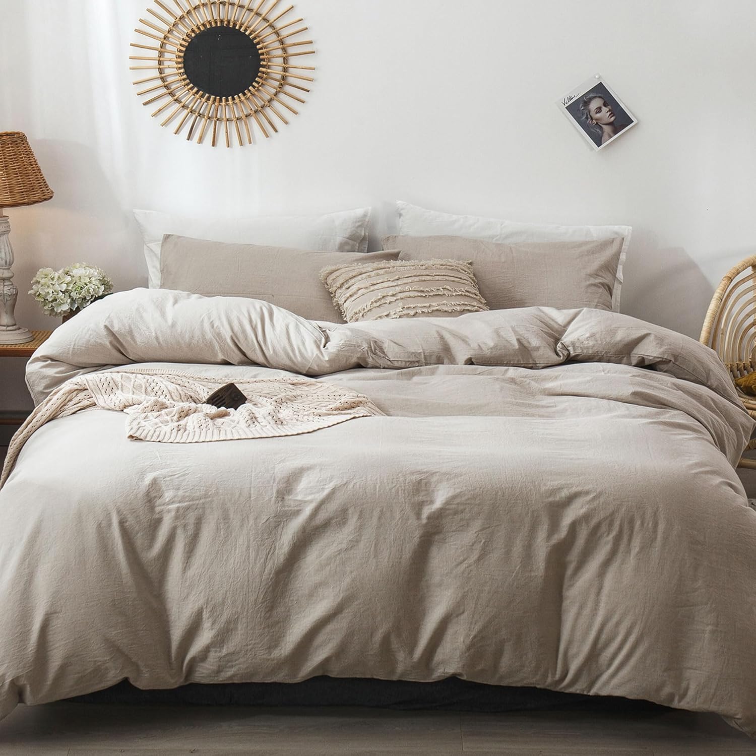 MooMee Bedding Duvet Cover Set 100% Washed Cotton Linen Like Textured Breathable Durable Soft Comfy (Heathered Tannish Linen Grey, Queen 90"x90")
