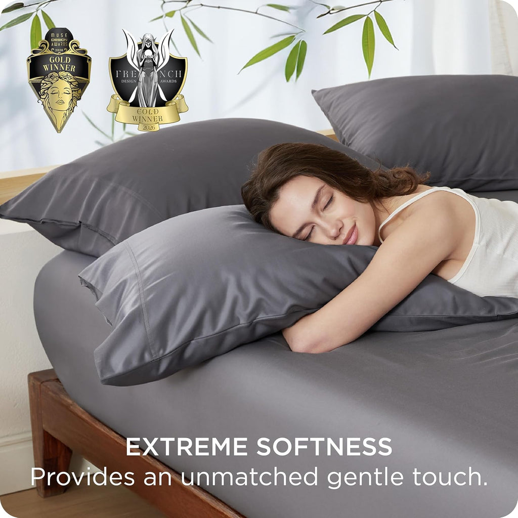 Bedsure Pillow Cases Queen, Cooling Pillow Cases, Rayon Derived from Bamboo Dark Grey Pillowcases Queen Size Set of 2, PureWoven & Soft Bedding Pillow Cover with Envelope Closure,Gifts, 20x30 Inches