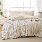 MUXHOMO Duvet Cover Queen Size, Reversible Floral Green Duvet Cover Set with Zipper Closure, 3 Pieces Botanical Patterns Soft Microfiber Bedding Set with 4 Ties (90"x90", 2 Pillow Cases)