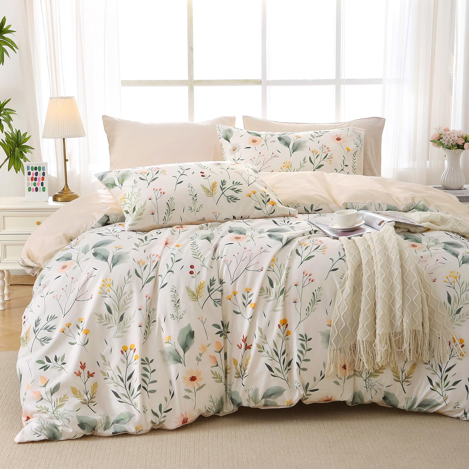 MUXHOMO Duvet Cover Queen Size, Reversible Floral Green Duvet Cover Set with Zipper Closure, 3 Pieces Botanical Patterns Soft Microfiber Bedding Set with 4 Ties (90"x90", 2 Pillow Cases)