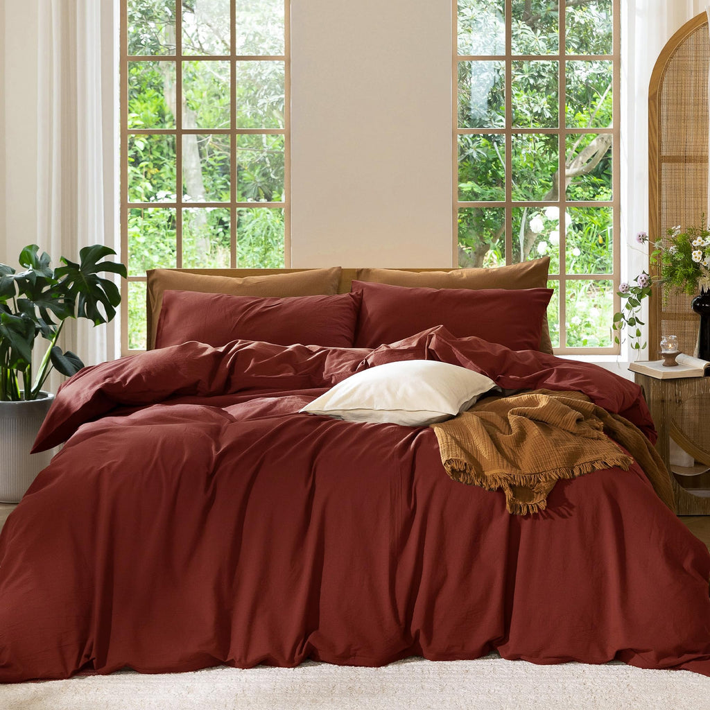 MooMee Bedding Duvet Cover Set 100% Washed Cotton Linen Like Textured Breathable Durable Soft Comfy (Heathered Tannish Linen Grey, Queen 90"x90")