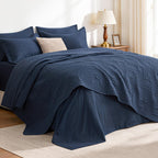3 Piece Blue Queen Size Coin Pattern Lightweight All Season Quilt Bedspread Set with 2 Pillow Shams