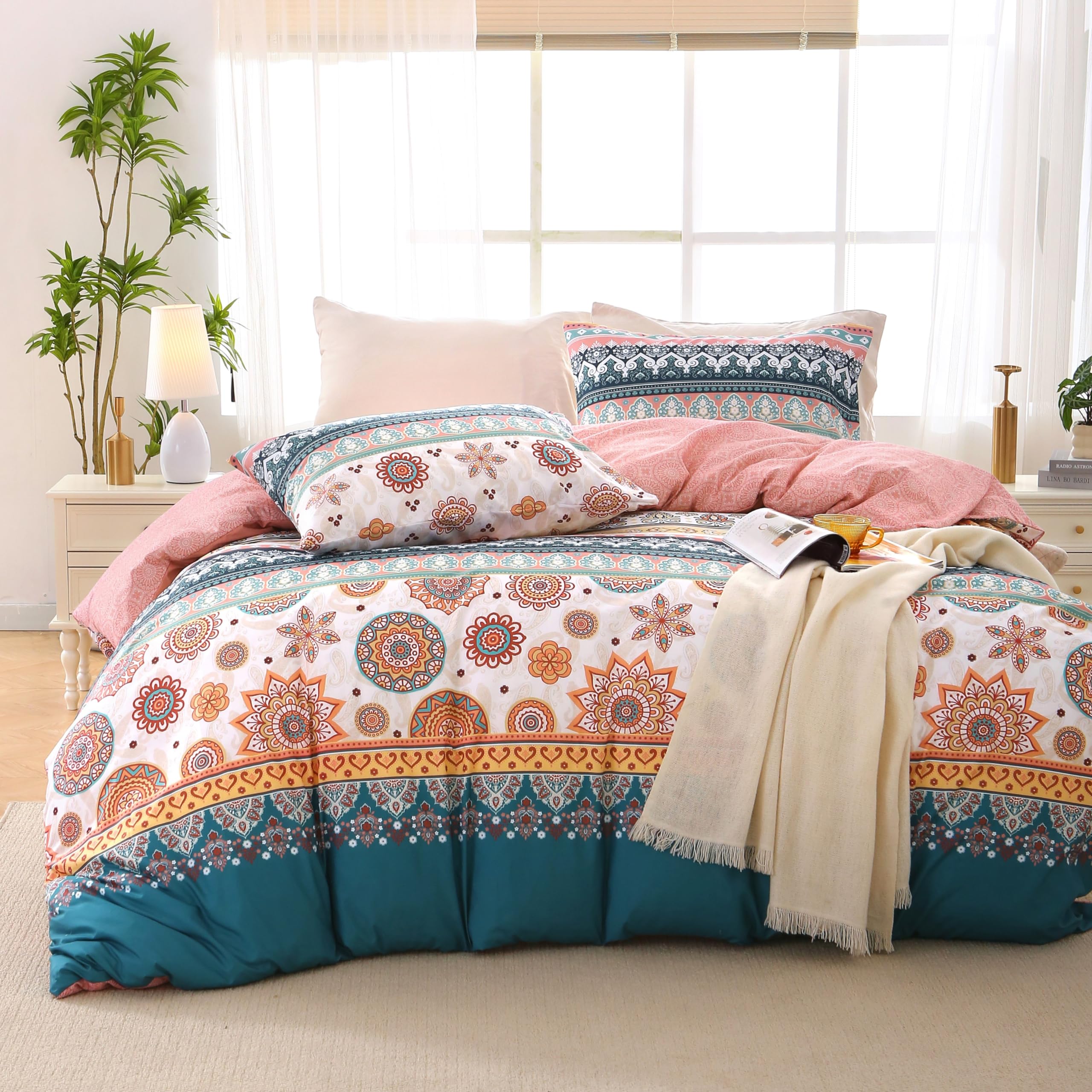 MUXHOMO Duvet Cover Queen Size, Reversible Floral Green Duvet Cover Set with Zipper Closure, 3 Pieces Botanical Patterns Soft Microfiber Bedding Set with 4 Ties (90"x90", 2 Pillow Cases)