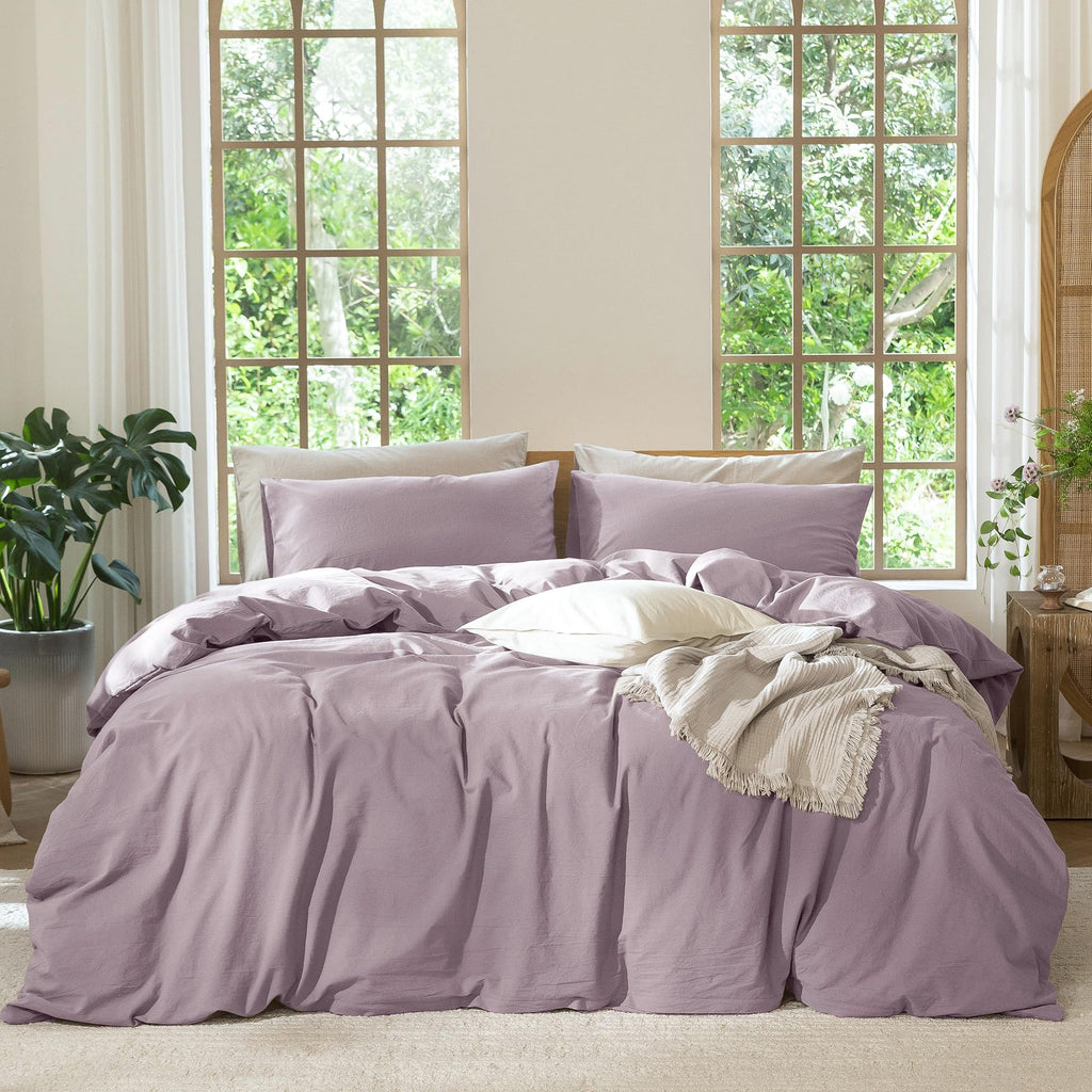MooMee Bedding Duvet Cover Set 100% Washed Cotton Linen Like Textured Breathable Durable Soft Comfy (Heathered Tannish Linen Grey, Queen 90"x90")