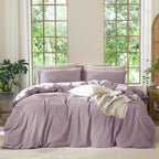 MooMee Bedding Duvet Cover Set 100% Washed Cotton Linen Like Textured Breathable Durable Soft Comfy (Heathered Tannish Linen Grey, Queen 90"x90")