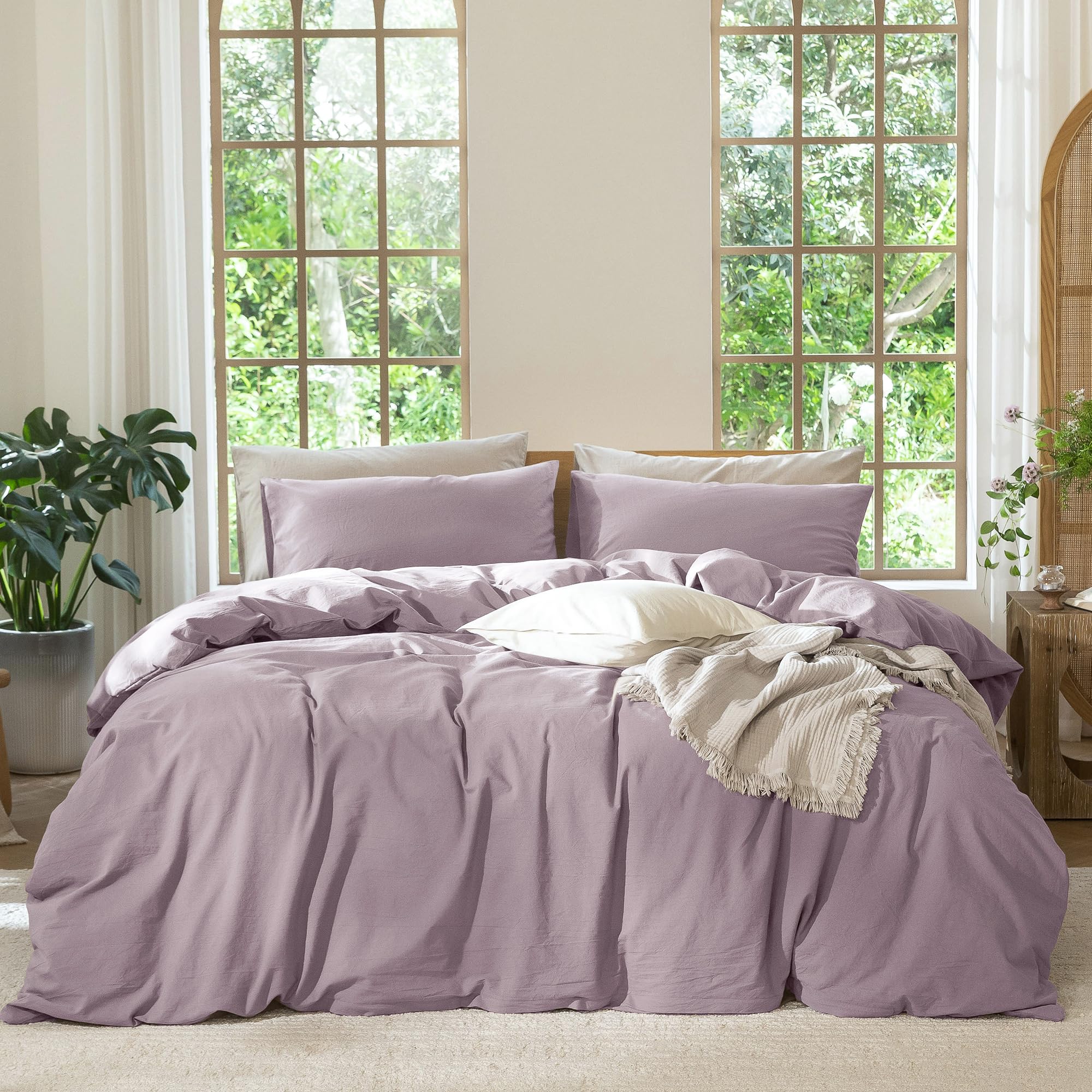 MooMee Bedding Duvet Cover Set 100% Washed Cotton Linen Like Textured Breathable Durable Soft Comfy (Heathered Tannish Linen Grey, Queen 90"x90")
