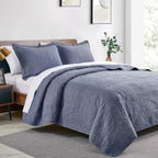 3 Piece Blue Queen Size Coin Pattern Lightweight All Season Quilt Bedspread Set with 2 Pillow Shams
