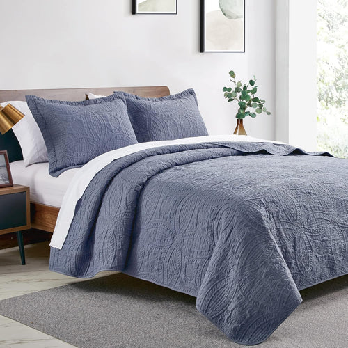 3 Piece Blue Queen Size Coin Pattern Lightweight All Season Quilt Bedspread Set with 2 Pillow Shams