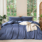MooMee Bedding Duvet Cover Set 100% Washed Cotton Linen Like Textured Breathable Durable Soft Comfy (Heathered Tannish Linen Grey, Queen 90"x90")