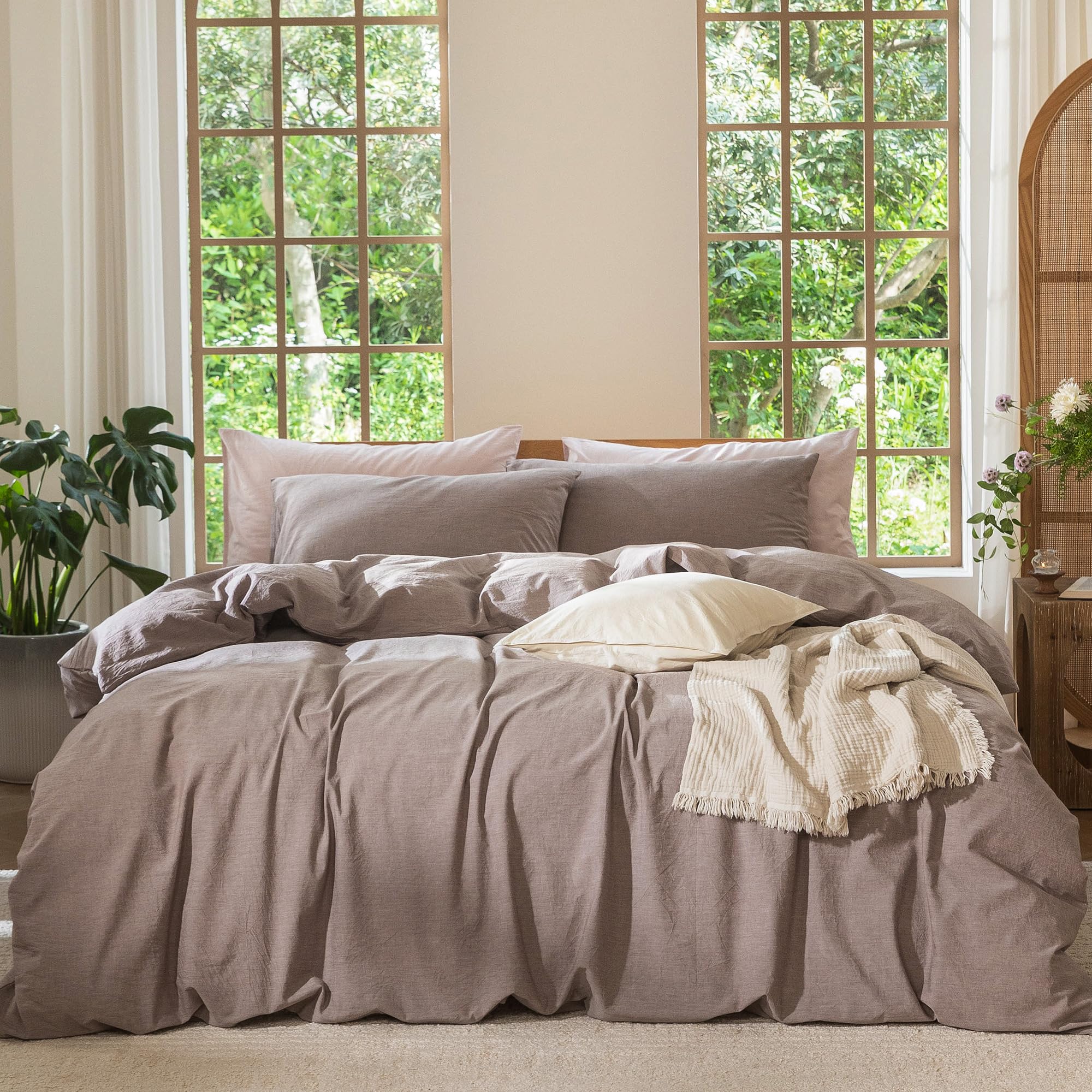 MooMee Bedding Duvet Cover Set 100% Washed Cotton Linen Like Textured Breathable Durable Soft Comfy (Heathered Tannish Linen Grey, Queen 90"x90")