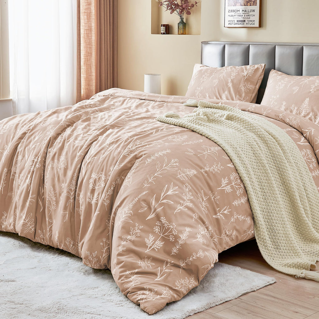 MUXHOMO Duvet Cover Queen Size, Reversible Floral Green Duvet Cover Set with Zipper Closure, 3 Pieces Botanical Patterns Soft Microfiber Bedding Set with 4 Ties (90"x90", 2 Pillow Cases)